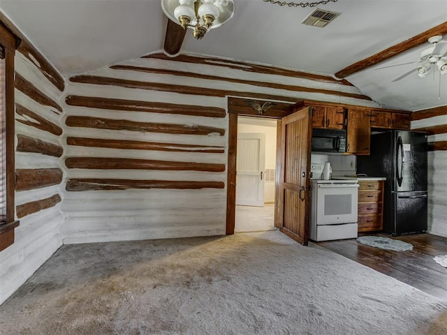 kitchen featuring ceiling fan, visible vents, brown cabinets, lofted ceiling with beams, and black appliances