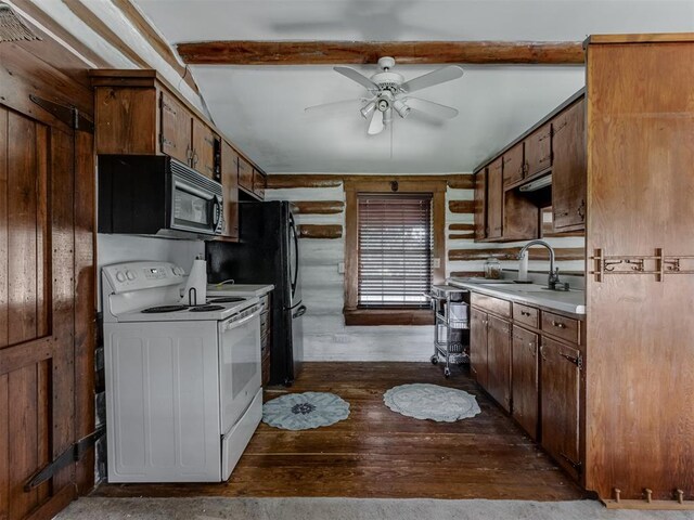 kitchen featuring ceiling fan, black microwave, a sink, white range with electric cooktop, and beamed ceiling