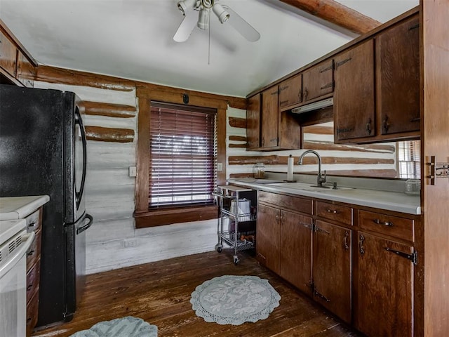 kitchen featuring a sink, log walls, dark wood-style flooring, and a healthy amount of sunlight