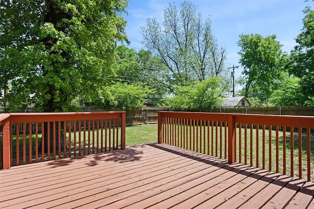 wooden deck with a fenced backyard and a lawn