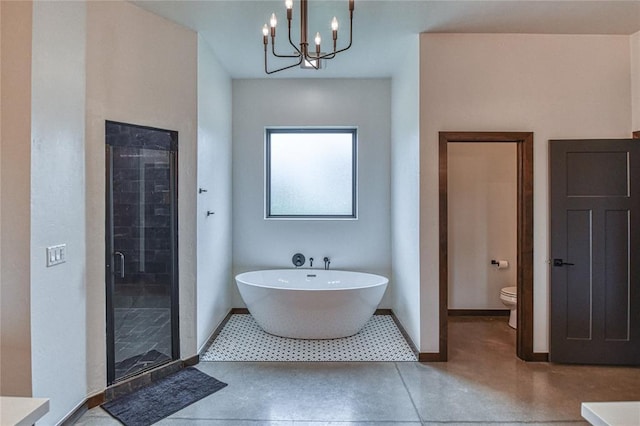 25478 Sooner Ave, Purcell, OK 73080 - bathroom with a soaking tub, a shower stall, and a chandelier