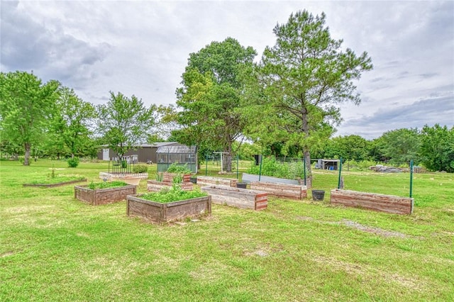 25478 Sooner Ave, Purcell, OK 73080 - view of green lawn with a garden, an outbuilding, and a greenhouse