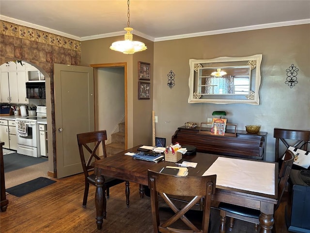 27582 N 2840th Rd, Okarche, OK 73762 - dining room with dark wood-type flooring, ornamental molding, arched walkways, and stairway