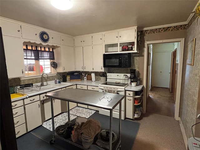 27582 N 2840th Rd, Okarche, OK 73762 - kitchen with black microwave, white range with electric cooktop, white cabinets, light countertops, and ornamental molding