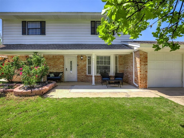 2909 Wheeler Ct, Oklahoma City, OK 73127 - exterior space featuring roof with shingles, driveway, brick siding, a garage, and a front yard