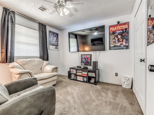 2909 Wheeler Ct, Oklahoma City, OK 73127 - living area with visible vents, carpet floors, a textured ceiling, and ceiling fan