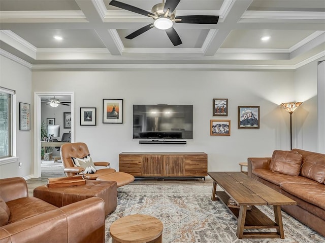 living room featuring ornamental molding, a ceiling fan, and wood finished floors