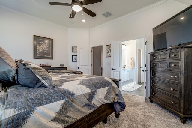 4145 Thunderhead Rd, Norman, OK 73072 - bedroom with ornamental molding, light carpet, ensuite bath, a ceiling fan, and recessed lighting