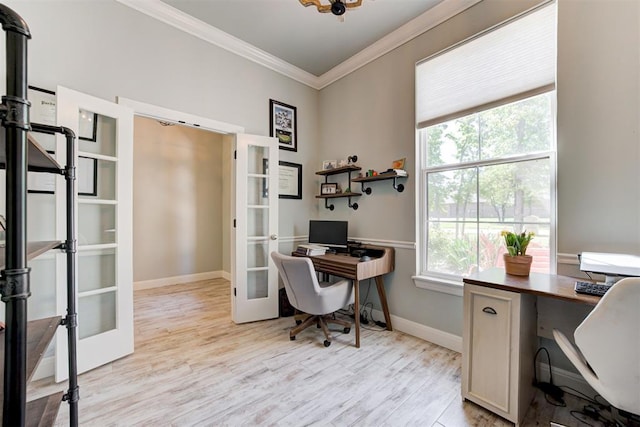 8350 Red Feather, Arcadia, OK 73007 - office area featuring crown molding, french doors, light wood finished floors, and a healthy amount of sunlight