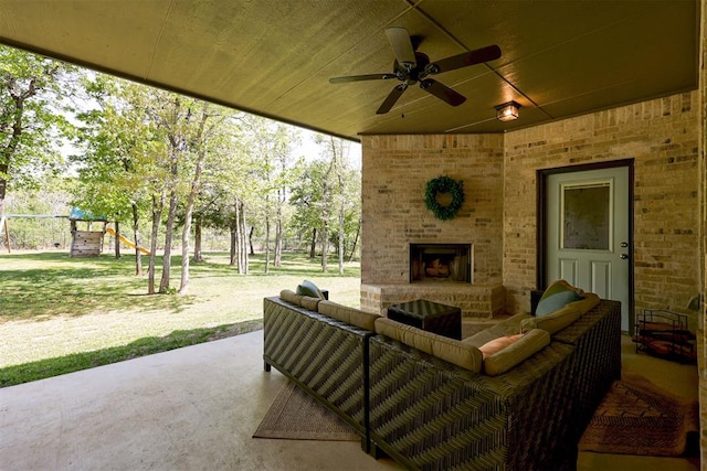 8350 Red Feather, Arcadia, OK 73007 - view of patio with an outdoor living space with a fireplace and ceiling fan