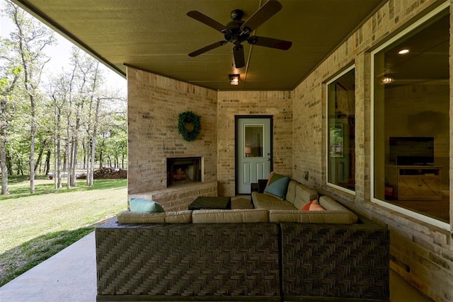 8350 Red Feather, Arcadia, OK 73007 - view of patio featuring an outdoor living space with a fireplace and a ceiling fan