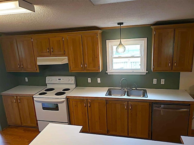 kitchen featuring under cabinet range hood, white range with electric stovetop, brown cabinets, a sink, and dishwasher