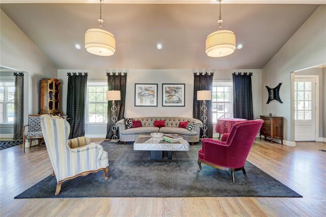 living area with wood finished floors, vaulted ceiling, and a wealth of natural light