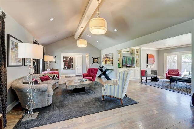 living area featuring lofted ceiling with beams, recessed lighting, baseboards, wood finished floors, and visible vents