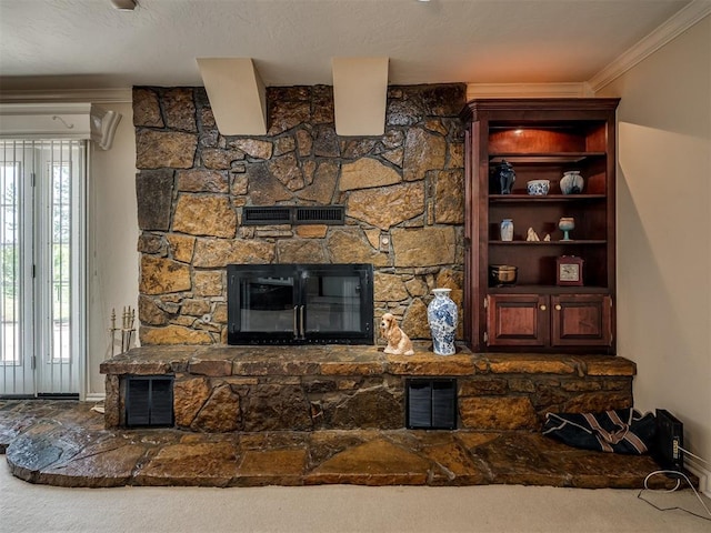 interior details with carpet, a fireplace, visible vents, a wall unit AC, and crown molding
