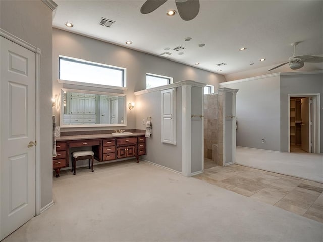 bathroom with recessed lighting, a shower stall, vanity, ceiling fan, and visible vents