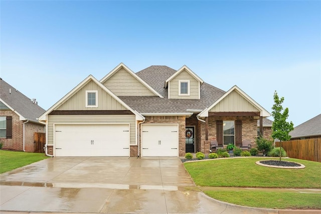 3320 Lola Ct, Moore, OK 73160 - craftsman-style house with a front lawn, fence, brick siding, a shingled roof, and driveway
