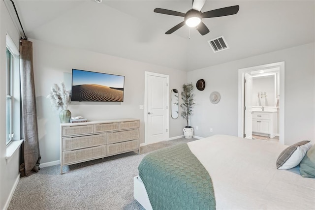 3320 Lola Ct, Moore, OK 73160 - bedroom featuring visible vents, carpet flooring, ensuite bath, and lofted ceiling