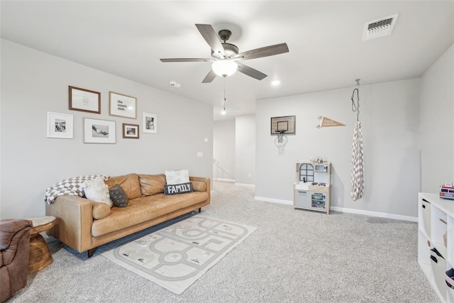 3320 Lola Ct, Moore, OK 73160 - carpeted living area with a ceiling fan, baseboards, visible vents, and recessed lighting