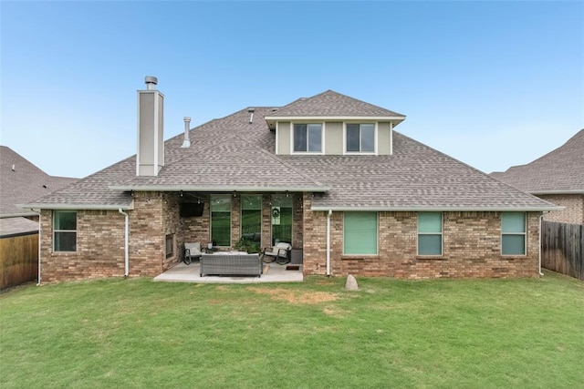 3320 Lola Ct, Moore, OK 73160 - rear view of house with a lawn, a chimney, a fenced backyard, and an outdoor hangout area