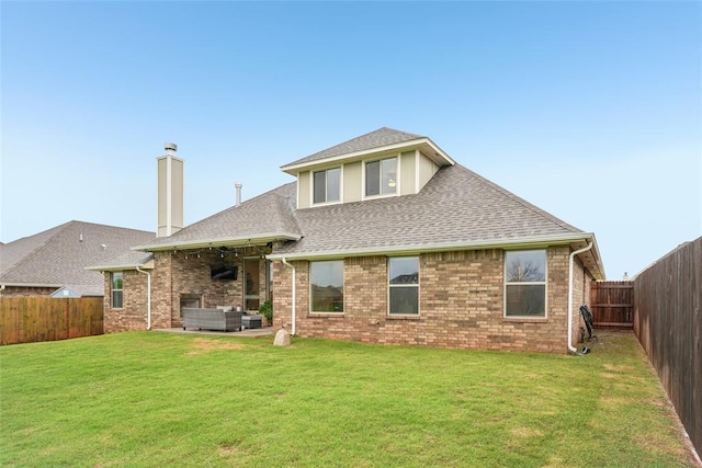 3320 Lola Ct, Moore, OK 73160 - rear view of property with outdoor lounge area, a fenced backyard, a chimney, a shingled roof, and a lawn