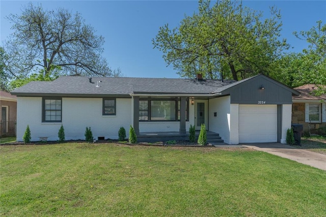 3224 NW 47th St, Oklahoma City, OK 73112 - ranch-style house with a garage, brick siding, a front lawn, and driveway