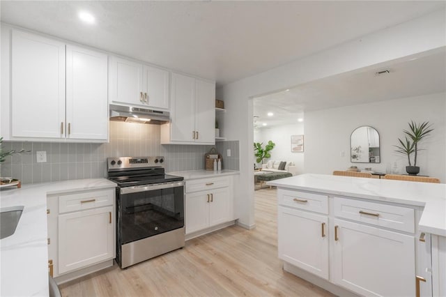 3224 NW 47th St, Oklahoma City, OK 73112 - kitchen with white cabinetry, tasteful backsplash, under cabinet range hood, and stainless steel range with electric cooktop