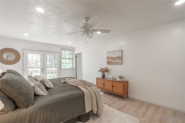 3224 NW 47th St, Oklahoma City, OK 73112 - bedroom featuring ceiling fan, light wood-style floors, recessed lighting, french doors, and access to outside
