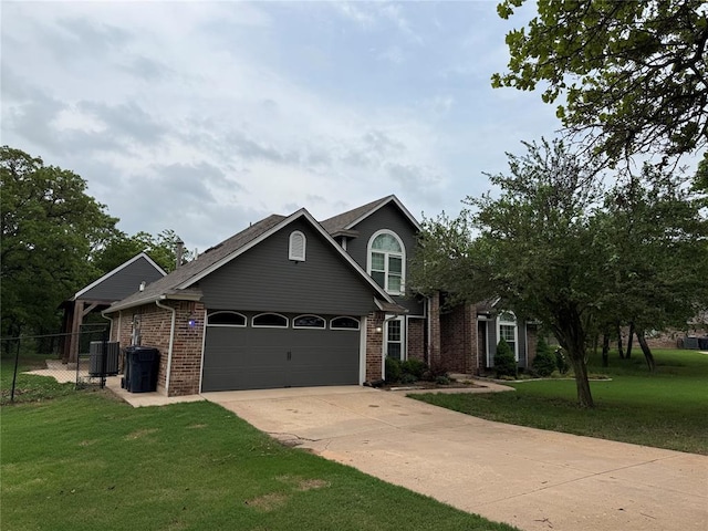 view of front of home featuring fence, a front lawn, a garage, central AC unit, and concrete driveway
