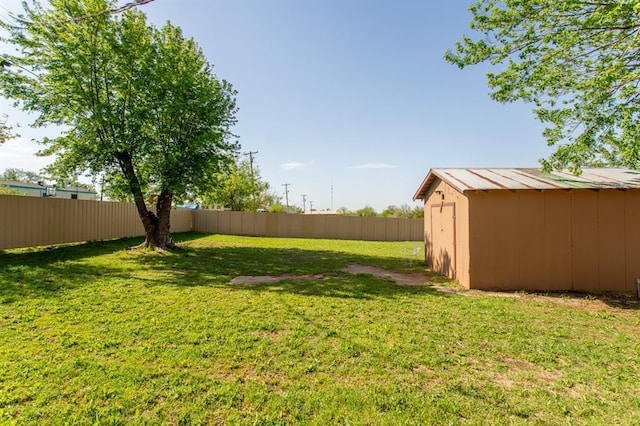 410 W 4th St, Hennessey, OK 73742 - view of yard featuring a storage shed, a fenced backyard, and an outdoor structure