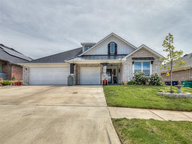 15936 Buffalo Dr, Oklahoma City, OK 73170 - view of front of home with board and batten siding, brick siding, driveway, a front yard, and an attached garage