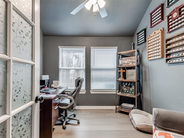 15936 Buffalo Dr, Oklahoma City, OK 73170 - office with wood finished floors, a healthy amount of sunlight, ceiling fan, and vaulted ceiling