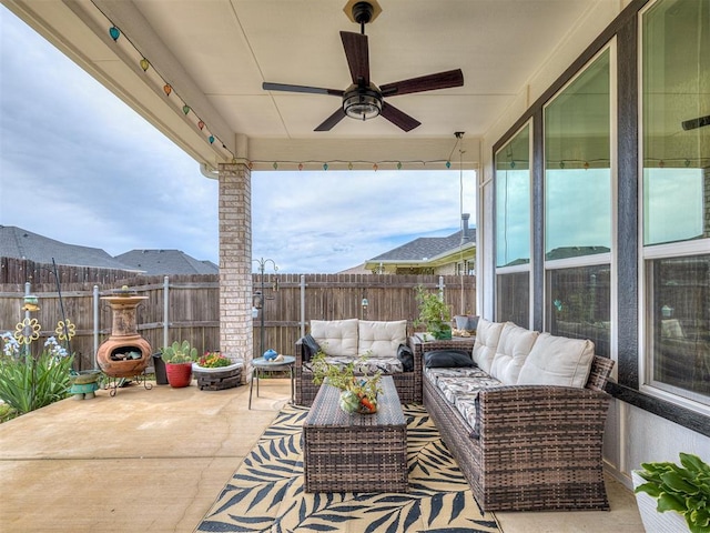 15936 Buffalo Dr, Oklahoma City, OK 73170 - view of patio featuring an outdoor living space, a ceiling fan, and a fenced backyard