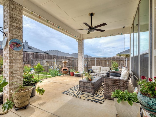 15936 Buffalo Dr, Oklahoma City, OK 73170 - view of patio / terrace with a ceiling fan, outdoor lounge area, and a fenced backyard