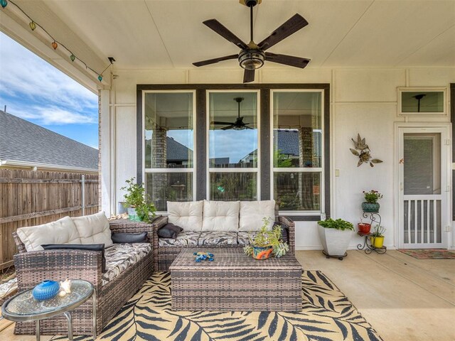 15936 Buffalo Dr, Oklahoma City, OK 73170 - view of patio / terrace featuring fence, a ceiling fan, and an outdoor hangout area