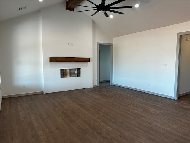 211 Shavano St, Shawnee, OK 74804 - unfurnished living room featuring a ceiling fan, high vaulted ceiling, beam ceiling, a fireplace, and baseboards