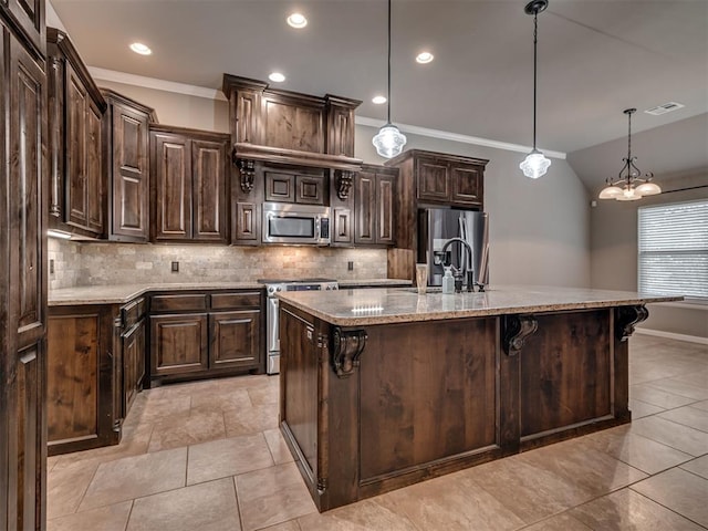 1832 Buckskin Ct, Blanchard, OK 73010 - kitchen with ornamental molding, decorative backsplash, appliances with stainless steel finishes, and visible vents