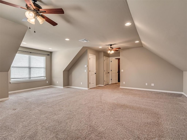 1832 Buckskin Ct, Blanchard, OK 73010 - bonus room featuring recessed lighting, vaulted ceiling, a ceiling fan, baseboards, and light colored carpet