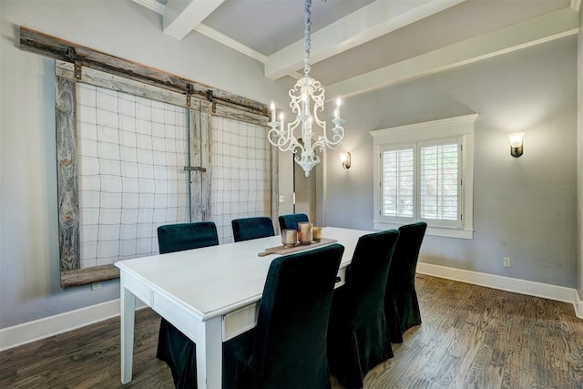 dining area with a notable chandelier, a barn door, baseboards, beamed ceiling, and dark wood-style floors