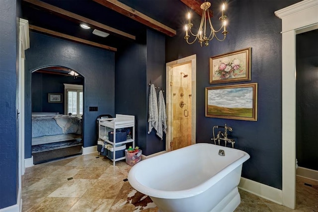 bathroom featuring a notable chandelier, ensuite bath, baseboards, a freestanding tub, and beamed ceiling
