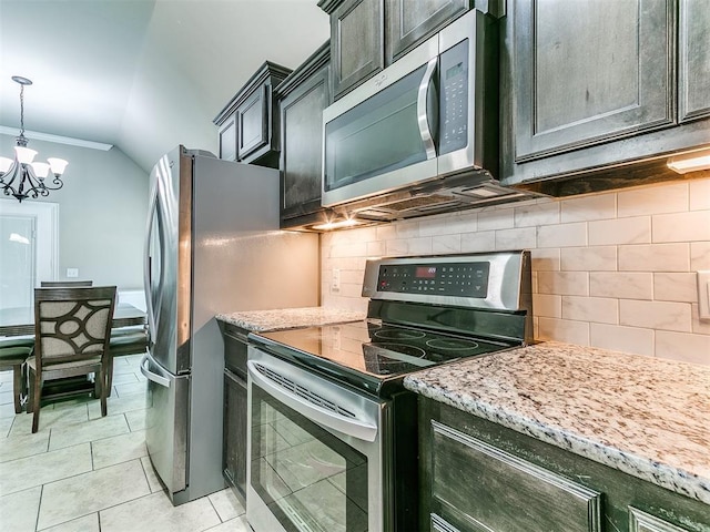 13612 Calabria Trl, Oklahoma City, OK 73170 - kitchen with stainless steel appliances, an inviting chandelier, ornamental molding, light stone countertops, and tasteful backsplash