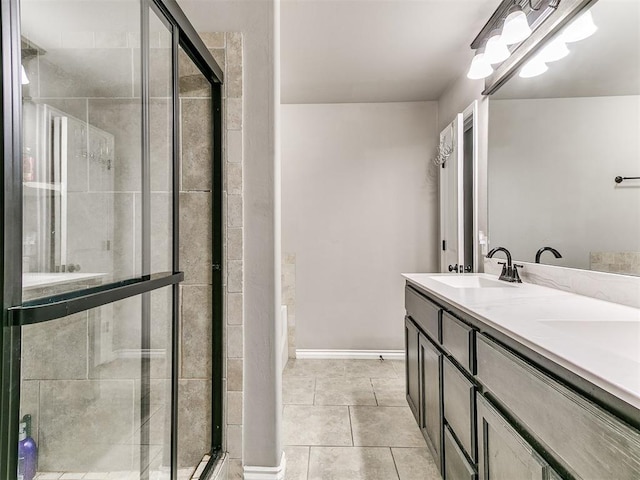 13612 Calabria Trl, Oklahoma City, OK 73170 - bathroom featuring tile patterned floors, a sink, double vanity, and a stall shower