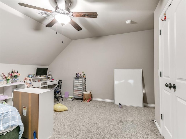 13612 Calabria Trl, Oklahoma City, OK 73170 - office area featuring vaulted ceiling, ceiling fan, baseboards, carpet flooring, and visible vents