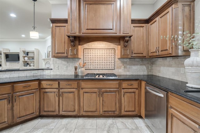 kitchen featuring dark stone countertops, brown cabinets, stainless steel appliances, ornamental molding, and hanging light fixtures