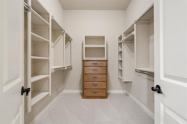 spacious closet featuring light colored carpet