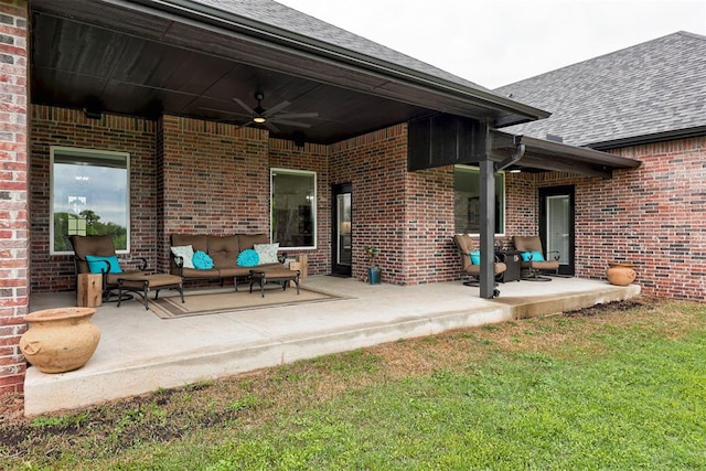view of patio with a ceiling fan and an outdoor hangout area