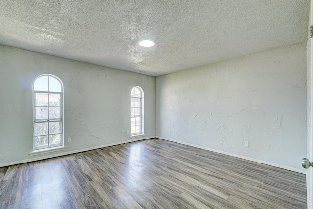 empty room with a textured ceiling, a wealth of natural light, and wood finished floors