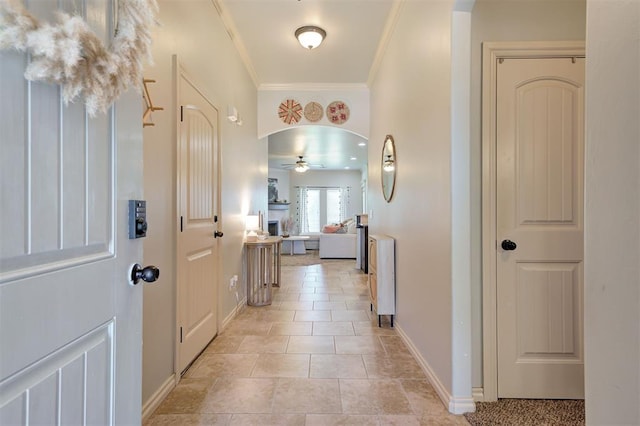 15808 Cantera Creek Dr, Edmond, OK 73013 - corridor with light tile patterned flooring, ornamental molding, and baseboards
