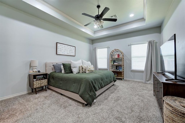 15808 Cantera Creek Dr, Edmond, OK 73013 - carpeted bedroom featuring crown molding, a raised ceiling, ceiling fan, visible vents, and baseboards