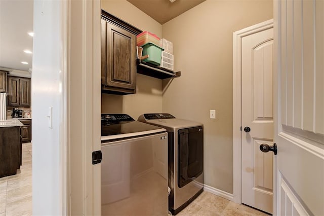 15808 Cantera Creek Dr, Edmond, OK 73013 - laundry area featuring baseboards, light tile patterned flooring, separate washer and dryer, cabinet space, and recessed lighting